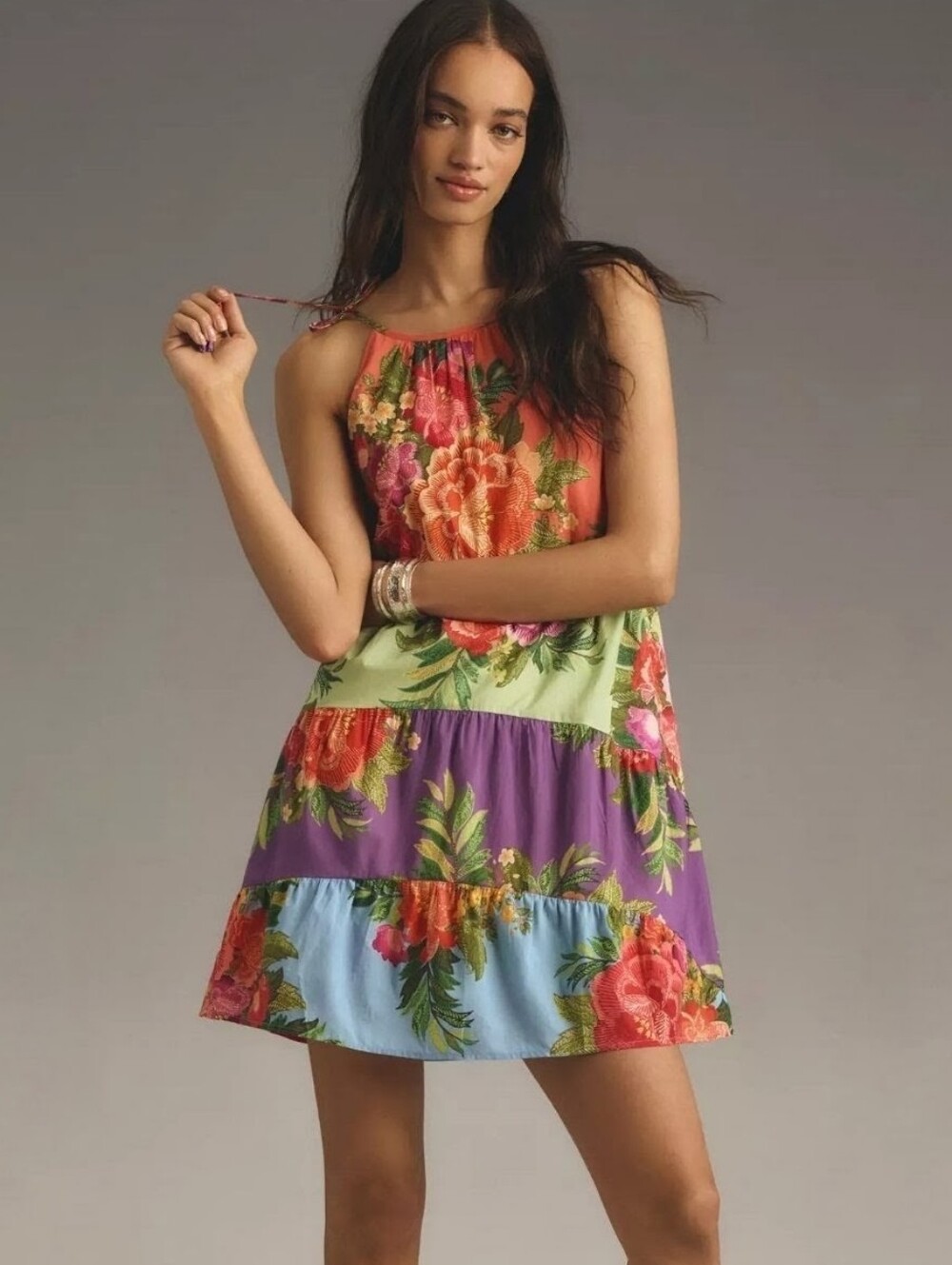 Farm Rio x Anthropologie Halter Floral Tiered Mini Dress Sz S Colorful Botanical